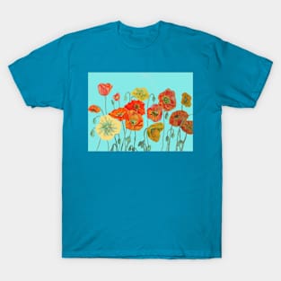 Poppy Watercolor Painting Orange Aqua Art T-Shirt